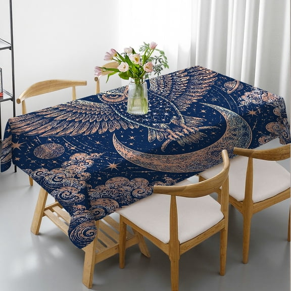 Chilfamy Rectangle Dining Tablecloth - Cosmic Owl Crescent Moon Print, Polyester Tablecloths 2D Flat Printing Rectangle Dining Tablecloth, Ideal for Kitchen Picnic Party