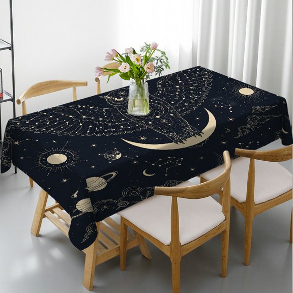 Chilfamy Rectangle Dining Tablecloth - Cosmic Owl Perched On Crescent Moon Print, Polyester Tablecloths 2D Flat Printing Rectangle Dining Tablecloth, Ideal for Kitchen Picnic Party