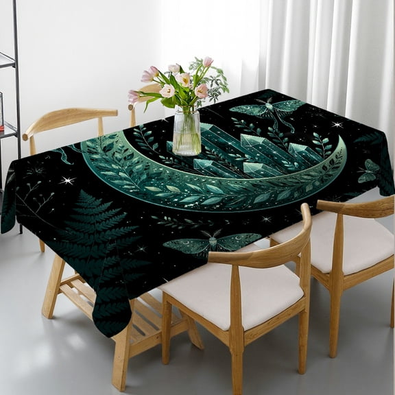 Chilfamy Rectangle Dining Tablecloth - Crystal Crescent Moon With Luna Moths Print, Festive Table Setting  Holiday-Themed Design Rectangle Dining Tablecloth, Ideal for Kitchen Picnic Party