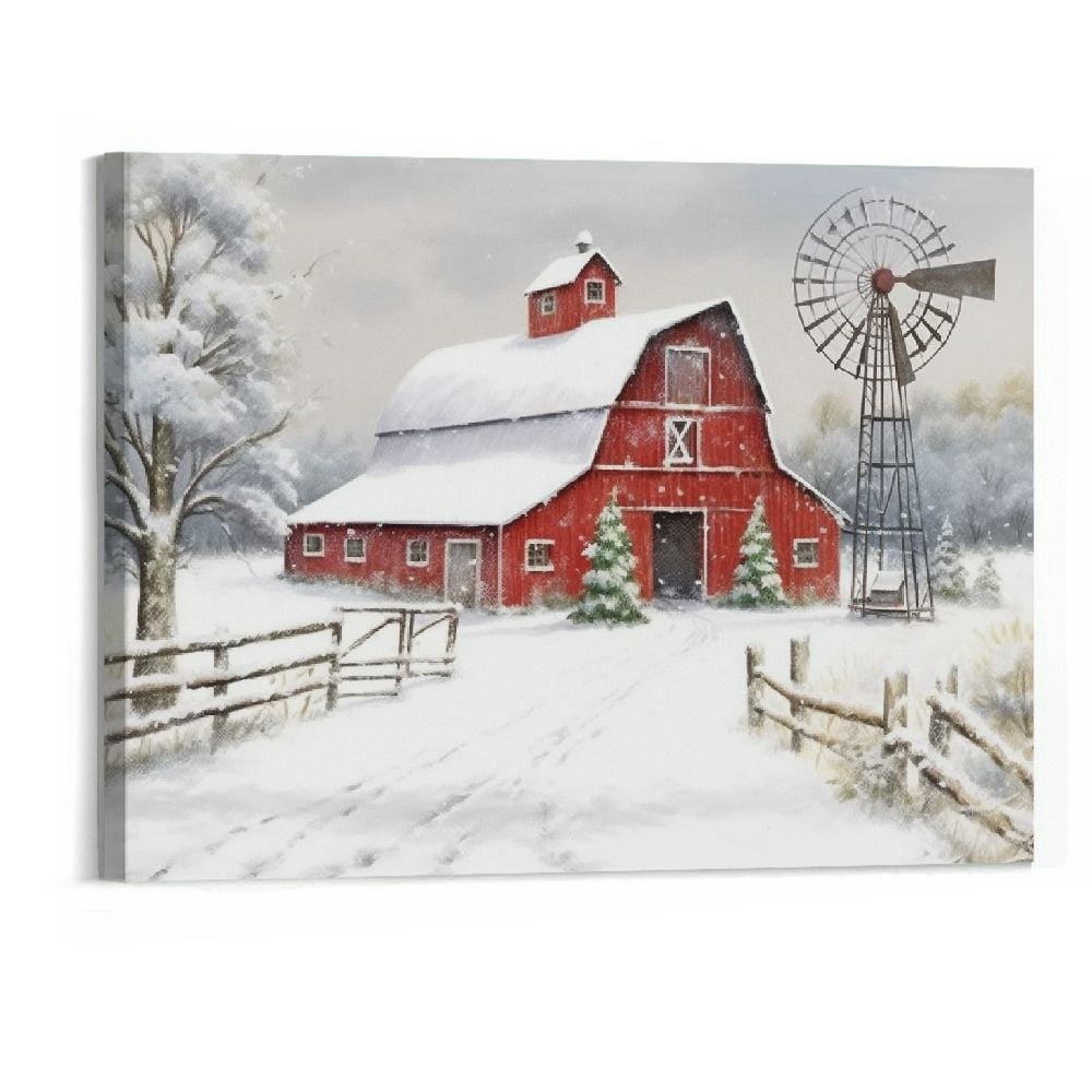 Chilfamy Red Barn Canvas Wall Art: Christmas Rustic Red Barn Bathroom ...