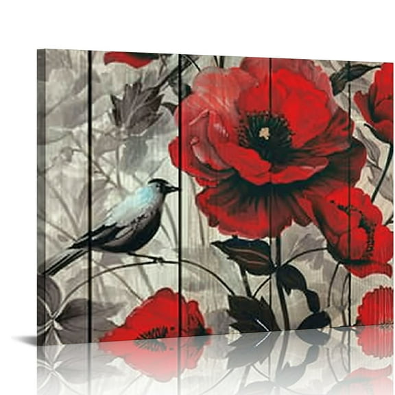 Chilfamy Red Poppy Wall Art,  Poppies Canvas Wall Decor, Red Black Gray Print Pictures, Crimson Red Flower Bedroom Living Room Decals, Dining Room Kitchen  Artwork, Decoration Gift 20x16in