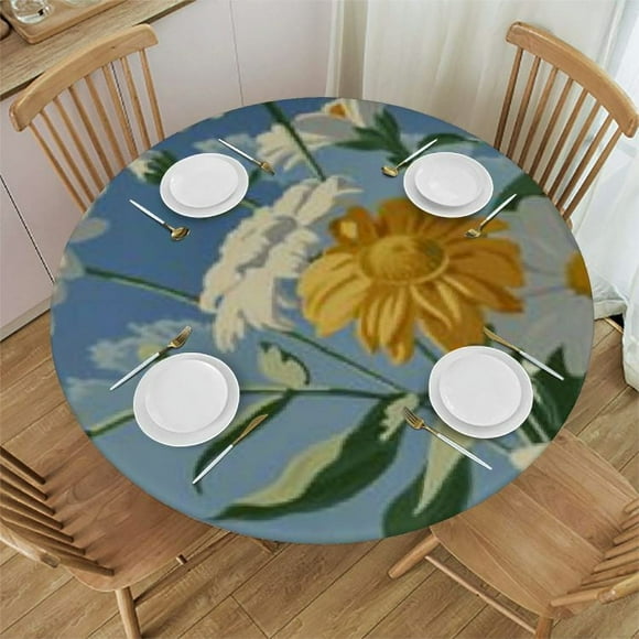 Chilfamy Retro Daisy Flower Floral Orange Rustic Round Tablecloth Dining Wipeable Table Cloth Cover for Holiday Home Picnic Party Wedding Buffet Parties Camping White