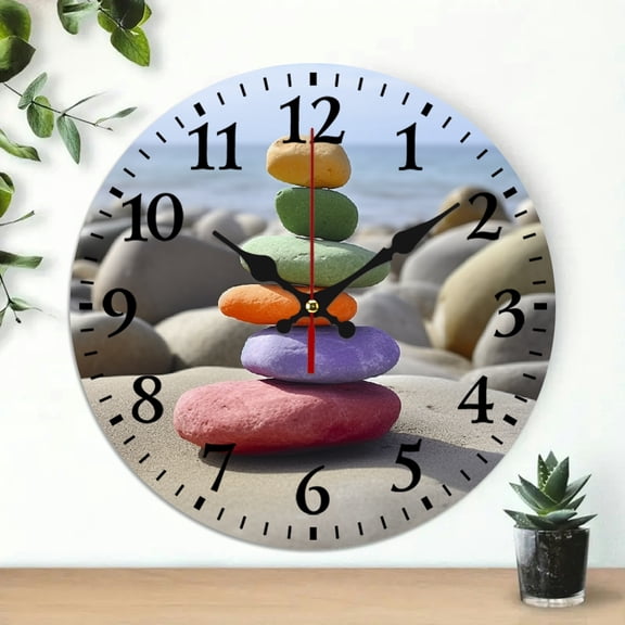 Chilfamy Rocks Colorful Rock Abstract Sculpture Round Wooden Wall Clock Wall Hanging Decor 10 inch, Frameless Analog Decorative Clock for Living Room 10x10in