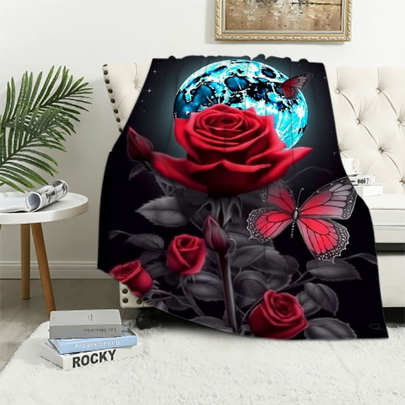 Chilfamy Roses Butterflies Moon Throw Blanket Lightweight Soft Flannel Blanket for Couch Sofa Bed All Seasons - Pack of 1 - Various Sizes Available 60x80in
