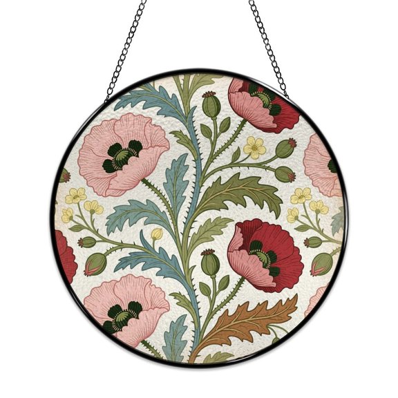 Chilfamy Round Stained Glass Window Suncatcher, Brown Rust Colored Floral Botanical Pattern Ornament with Metal Hook & Chain, Solid Glass Indoor Wall Decor for Home Holiday