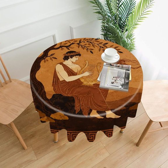 Chilfamy Round Tablecloth,Ancient Greek Lyre Musician Art Premium Polyester Straight Edge Wrinkle Resistant Washable Table Cover for Home Dining Party Decor,60x60 Inch