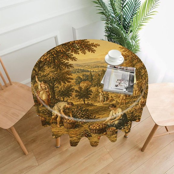 Chilfamy Round Tablecloth,Apple Harvest Tapestry Orchard Scene Premium Polyester Straight Edge Wrinkle Resistant Washable Table Cover for Home Dining Party Decor,60x60 Inch