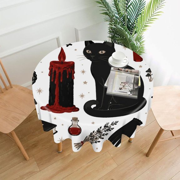 Chilfamy Round Tablecloth,Black Cat Candle Clipart Premium Polyester Straight Edge Wrinkle Resistant Washable Table Cover for Home Dining Party Decor,60x60 Inch