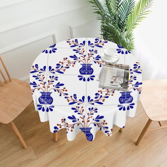 Chilfamy Round Tablecloth,Blue Vase Berry Branch Tile Premium Polyester Straight Edge Wrinkle Resistant Washable Table Cover for Home Dining Party Decor,60x60 Inch