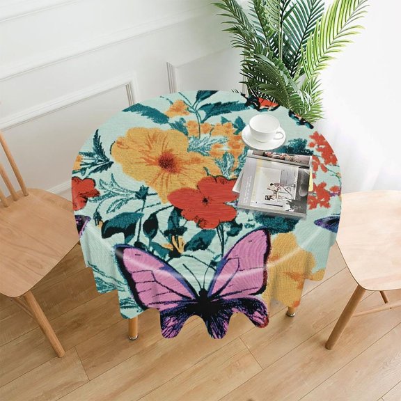 Chilfamy Round Tablecloth,Butterflies Floral Mint Premium Polyester Straight Edge Wrinkle Resistant Washable Table Cover for Home Dining Party Decor,60x60 Inch
