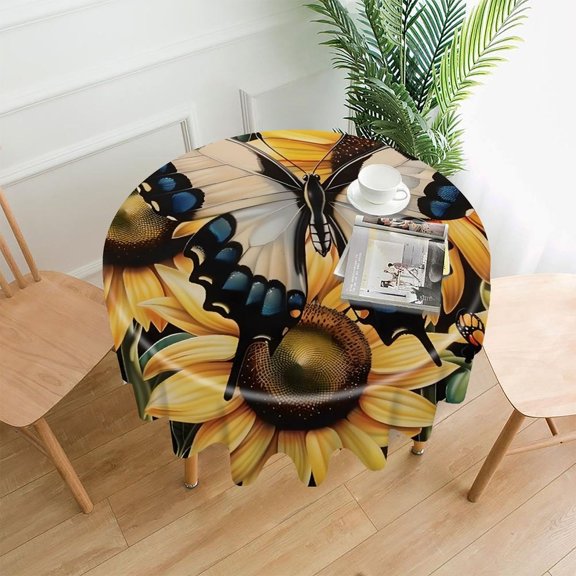 Chilfamy Round Tablecloth,Butterfly Sunflowers Monarch Blue Art Premium Polyester Straight Edge Wrinkle Resistant Washable Table Cover for Home Dining Party Decor,60x60 Inch