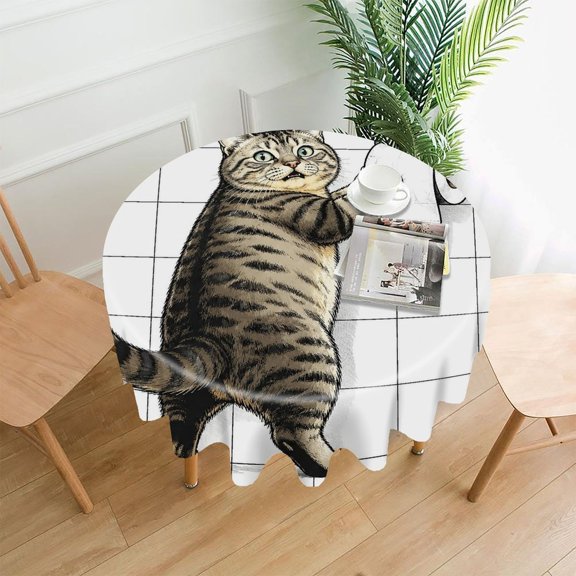 Chilfamy Round Tablecloth,Cat Standing Reach Faucet White Premium Polyester Straight Edge Wrinkle Resistant Washable Table Cover for Home Dining Party Decor,60x60 Inch
