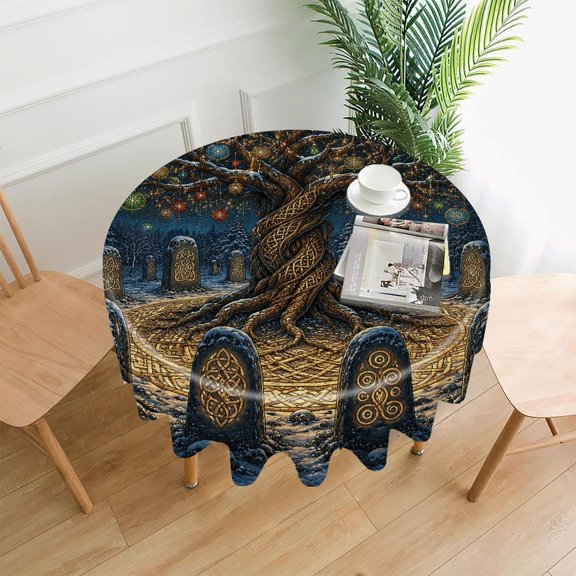 Chilfamy Round Tablecloth,Celtic Yule Tree Snow Ornaments Premium Polyester Straight Edge Wrinkle Resistant Washable Table Cover for Home Dining Party Decor,60x60 Inch