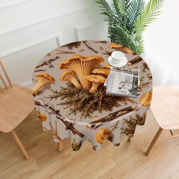 Chilfamy Round Tablecloth,Chanterelle Mushroom Forest Pattern Premium Polyester Straight Edge Wrinkle Resistant Washable Table Cover for Home Dining Party Decor,60x60 Inch
