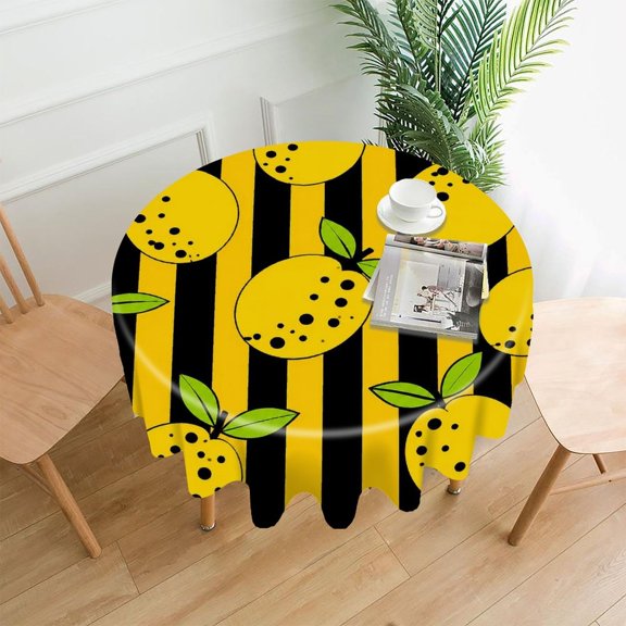 Chilfamy Round Tablecloth,Citrus Lemon Stripe Yellow Premium Polyester Straight Edge Wrinkle Resistant Washable Table Cover for Home Dining Party Decor,60x60 Inch
