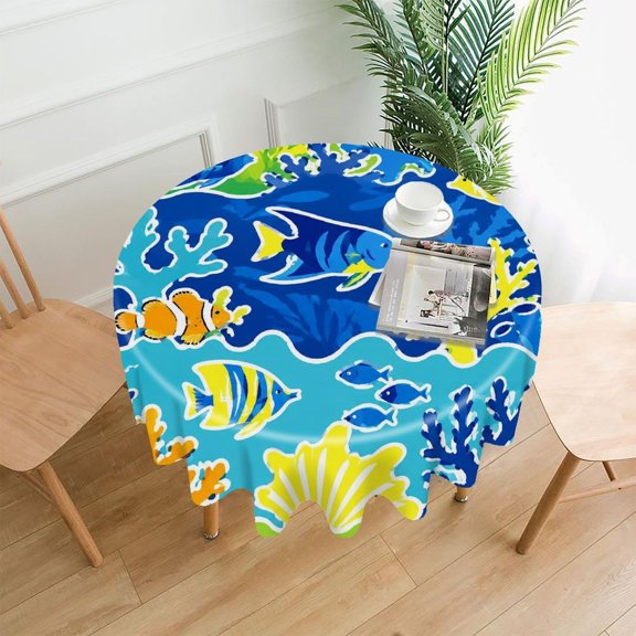 Chilfamy Round Tablecloth,Coral Reef Fish Bright Premium Polyester Straight Edge Wrinkle Resistant Washable Table Cover for Home Dining Party Decor,60x60 Inch