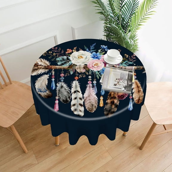 Chilfamy Round Tablecloth,Floral Arrow Feathers Beads Premium Polyester Straight Edge Wrinkle Resistant Washable Table Cover for Home Dining Party Decor,60x60 Inch