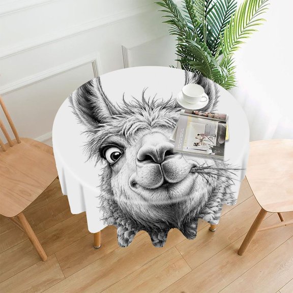 Chilfamy Round Tablecloth,Funny Llama Face Sketch Premium Polyester Straight Edge Wrinkle Resistant Washable Table Cover for Home Dining Party Decor,60x60 Inch