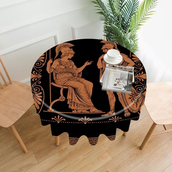 Chilfamy Round Tablecloth,Greek Warrior Goddess Spear Art Deco Border Pattern Premium Polyester Straight Edge Wrinkle Resistant Washable Table Cover for Home Dining Party Decor,60x60 Inch