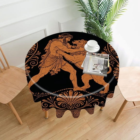 Chilfamy Round Tablecloth,Greek Women Dancing Lyre Art Deco Border Pattern Premium Polyester Straight Edge Wrinkle Resistant Washable Table Cover for Home Dining Party Decor,60x60 Inch