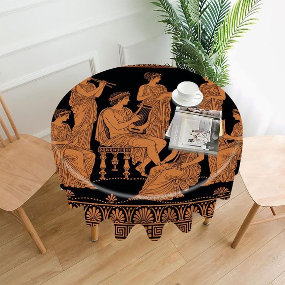 Chilfamy Round Tablecloth,Greek Women Musicians Lyre Art Deco Border Pattern Premium Polyester Straight Edge Wrinkle Resistant Washable Table Cover for Home Dining Party Decor,60x60 Inch