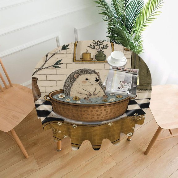 Chilfamy Round Tablecloth,Hedgehog Flower Bath Copper Basin Hand Drawn Illustration Premium Polyester Straight Edge Wrinkle Resistant Washable Table Cover for Home Dining Party Decor,60x60 Inch