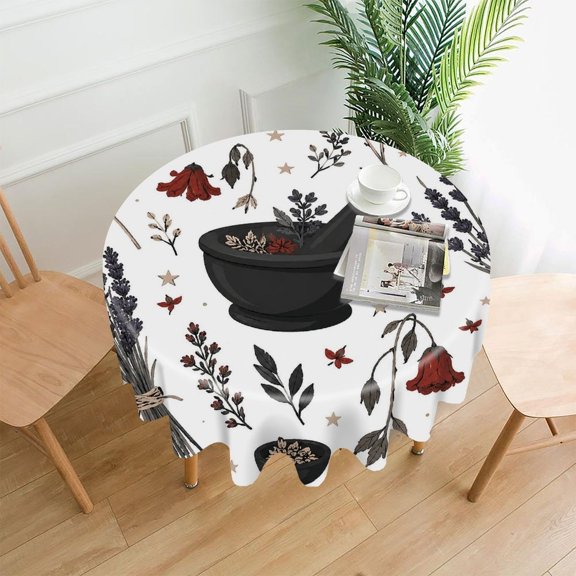 Chilfamy Round Tablecloth,Herb Mortar Pestle Clipart Premium Polyester Straight Edge Wrinkle Resistant Washable Table Cover for Home Dining Party Decor,60x60 Inch
