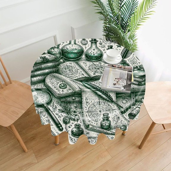 Chilfamy Round Tablecloth,Magical Alchemist Desk Illustration Premium Polyester Straight Edge Wrinkle Resistant Washable Table Cover for Home Dining Party Decor,60x60 Inch