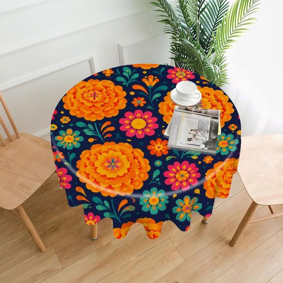 Chilfamy Round Tablecloth,Marigold Fiesta Floral Pattern Premium Polyester Straight Edge Wrinkle Resistant Washable Table Cover for Home Dining Party Decor,60x60 Inch