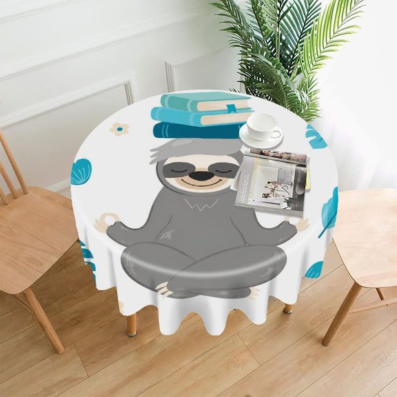 Chilfamy Round Tablecloth,Meditating Sloth Books Yoga Zen Premium Polyester Straight Edge Wrinkle Resistant Washable Table Cover for Home Dining Party Decor,60x60 Inch