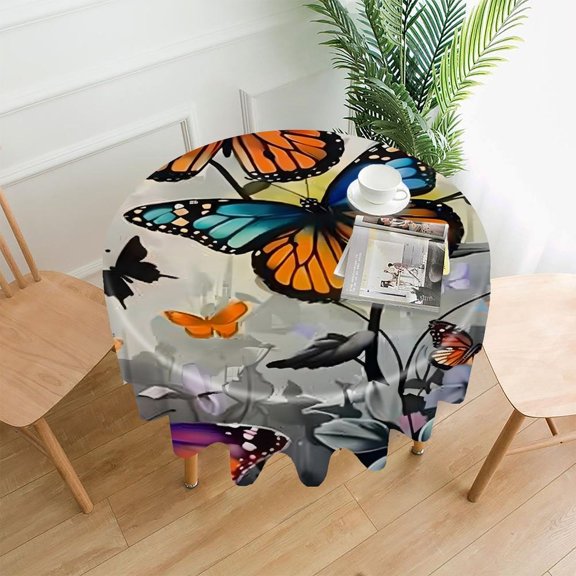 Chilfamy Round Tablecloth,Monarch Blue Butterflies Branches Premium Polyester Straight Edge Wrinkle Resistant Washable Table Cover for Home Dining Party Decor,60x60 Inch