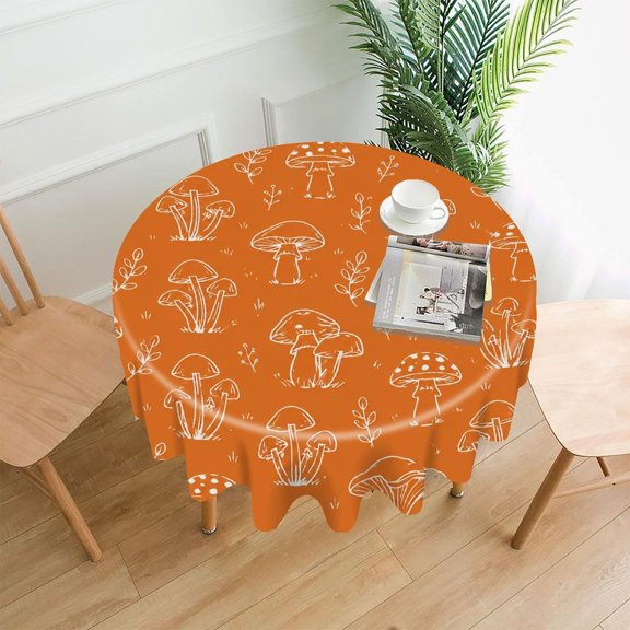 Chilfamy Round Tablecloth,Mushroom Plant Outline Pattern Orange Premium Polyester Straight Edge Wrinkle Resistant Washable Table Cover for Home Dining Party Decor,60x60 Inch