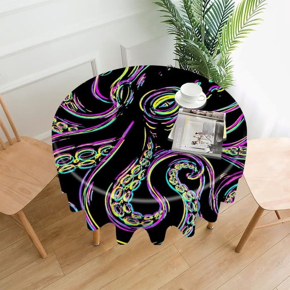 Chilfamy Round Tablecloth,Neon Octopus Black Premium Polyester Straight Edge Wrinkle Resistant Washable Table Cover for Home Dining Party Decor,60x60 Inch