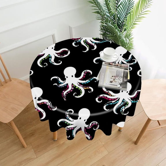 Chilfamy Round Tablecloth,Neon Octopus Pattern Premium Polyester Straight Edge Wrinkle Resistant Washable Table Cover for Home Dining Party Decor,60x60 Inch