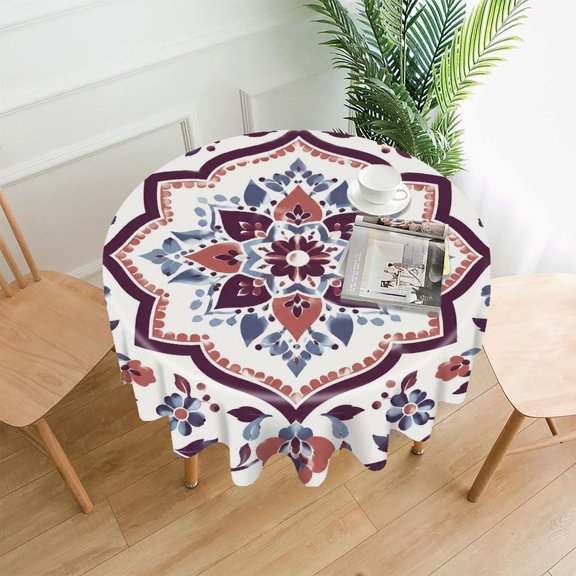 Chilfamy Round Tablecloth,Persian Floral Arch Medallion Premium Polyester Straight Edge Wrinkle Resistant Washable Table Cover for Home Dining Party Decor,60x60 Inch