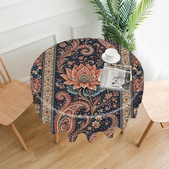 Chilfamy Round Tablecloth,Persian Floral Paisley Dark Pattern Premium Polyester Straight Edge Wrinkle Resistant Washable Table Cover for Home Dining Party Decor,60x60 Inch