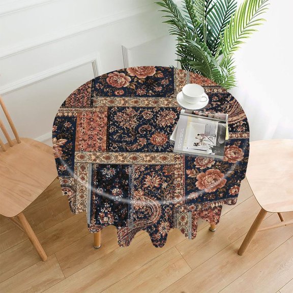 Chilfamy Round Tablecloth,Persian Patchwork Rose Pattern Premium Polyester Straight Edge Wrinkle Resistant Washable Table Cover for Home Dining Party Decor,60x60 Inch