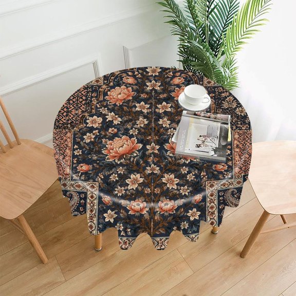 Chilfamy Round Tablecloth,Persian Peony Arch Border Pattern Premium Polyester Straight Edge Wrinkle Resistant Washable Table Cover for Home Dining Party Decor,60x60 Inch