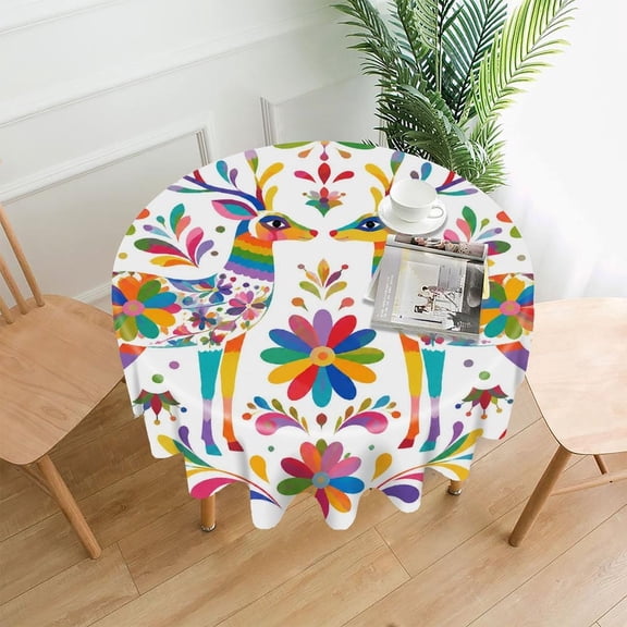 Chilfamy Round Tablecloth,Rainbow Deer Floral Alebrije Premium Polyester Straight Edge Wrinkle Resistant Washable Table Cover for Home Dining Party Decor,60x60 Inch