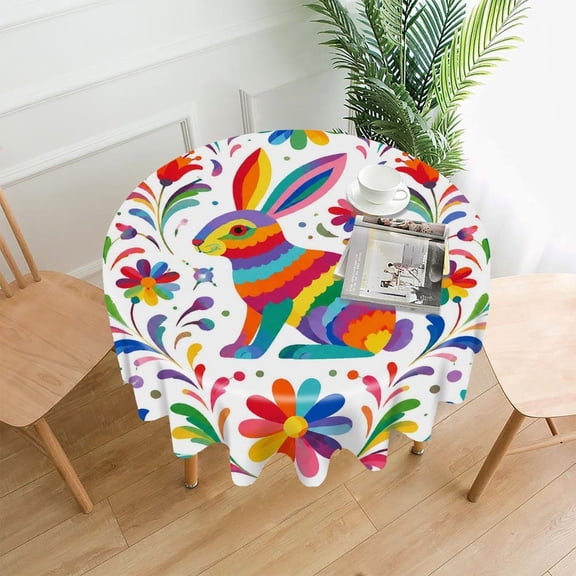Chilfamy Round Tablecloth,Rainbow Rabbit Floral Alebrije Premium Polyester Straight Edge Wrinkle Resistant Washable Table Cover for Home Dining Party Decor,60x60 Inch