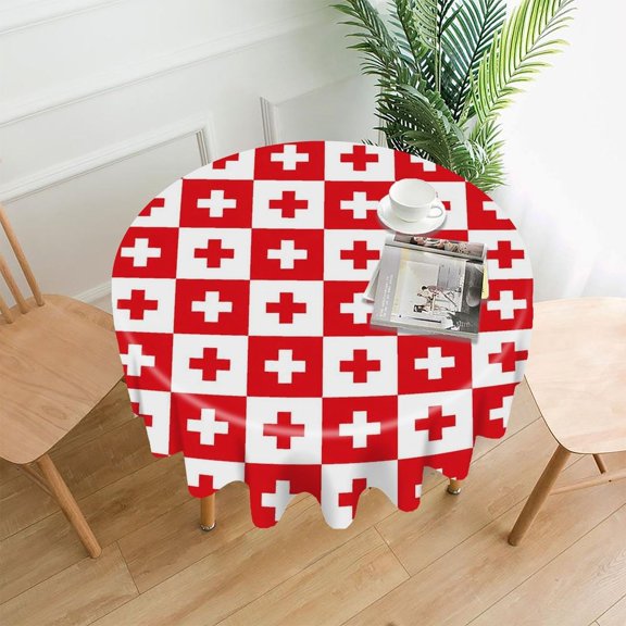 Chilfamy Round Tablecloth,Red White Cross Checkered Premium Polyester Straight Edge Wrinkle Resistant Washable Table Cover for Home Dining Party Decor,60x60 Inch