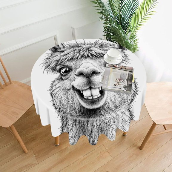 Chilfamy Round Tablecloth,Smiling Llama Sketch Portrait Premium Polyester Straight Edge Wrinkle Resistant Washable Table Cover for Home Dining Party Decor,60x60 Inch