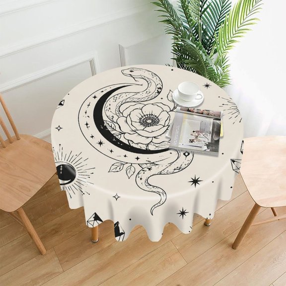 Chilfamy Round Tablecloth,Snake Moon Crystal Eye Mystic Pattern Premium Polyester Straight Edge Wrinkle Resistant Washable Table Cover for Home Dining Party Decor,60x60 Inch