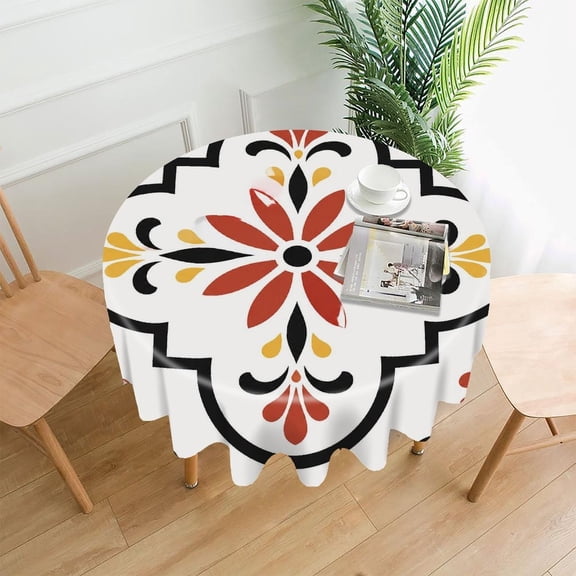 Chilfamy Round Tablecloth,Spanish Cross Floral Tile Premium Polyester Straight Edge Wrinkle Resistant Washable Table Cover for Home Dining Party Decor,60x60 Inch