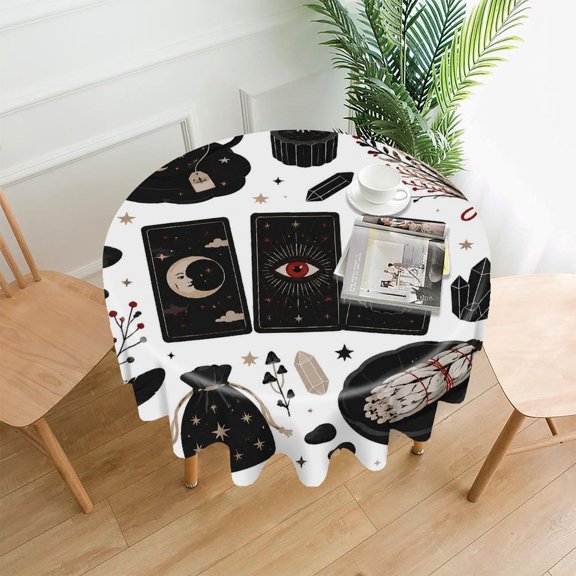 Chilfamy Round Tablecloth,Tarot Cards Tea Cup Clipart Premium Polyester Straight Edge Wrinkle Resistant Washable Table Cover for Home Dining Party Decor,60x60 Inch