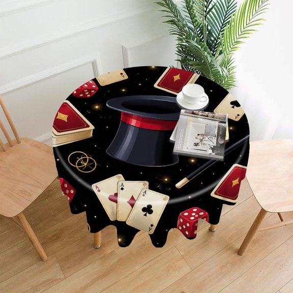 Chilfamy Round Tablecloth,Top Hat Playing Cards Dice Pattern Premium Polyester Straight Edge Wrinkle Resistant Washable Table Cover for Home Dining Party Decor,60x60 Inch