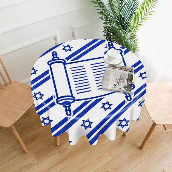 Chilfamy Round Tablecloth,Torah Scroll Blue Stripe Pattern Premium Polyester Straight Edge Wrinkle Resistant Washable Table Cover for Home Dining Party Decor,60x60 Inch