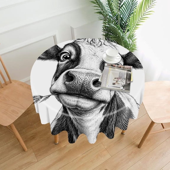 Chilfamy Round Tablecloth,Winking Cow with Hay Sketch Portrait Premium Polyester Straight Edge Wrinkle Resistant Washable Table Cover for Home Dining Party Decor,60x60 Inch