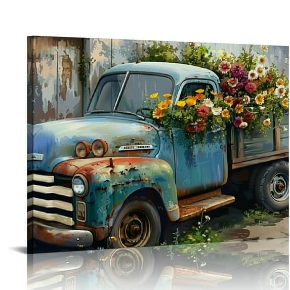 Chilfamy  Rustic Farmhouse Truck Flowers Canvas Wall Art Vintage Barn Old Car and Floral Painting Pictures Prints Framed for Farmhouse Country Wall Decor 20x16in