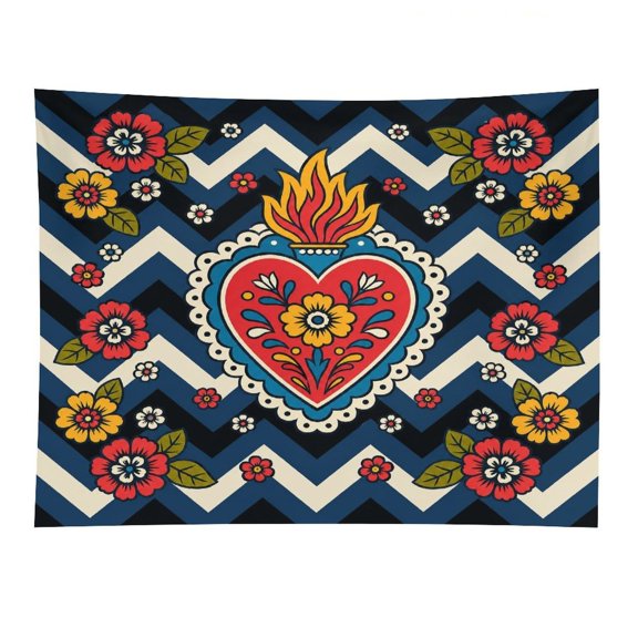 Chilfamy Sacred Heart Floral Chevron Art Polyester Wall Tapestry Anti Wrinkle Art Hanging Decor for Bedroom Living Room Home Holiday Decoration Gift